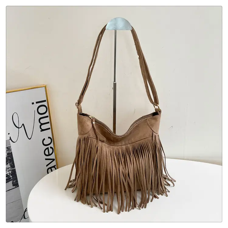Large Cap Tassel Bag Deerskin Velvet One Shoulder - Image 3