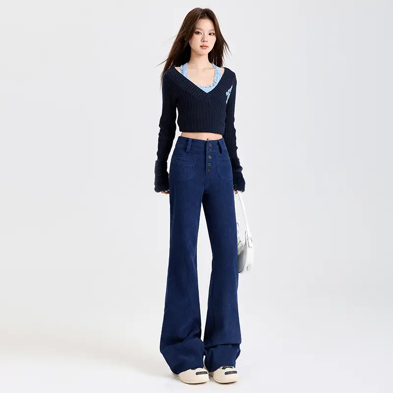 Young Orange# Retro Dark Blue Corduroy Micro-La Casual Pants Women's High Waist Slim-fit High-grade All-match Pants