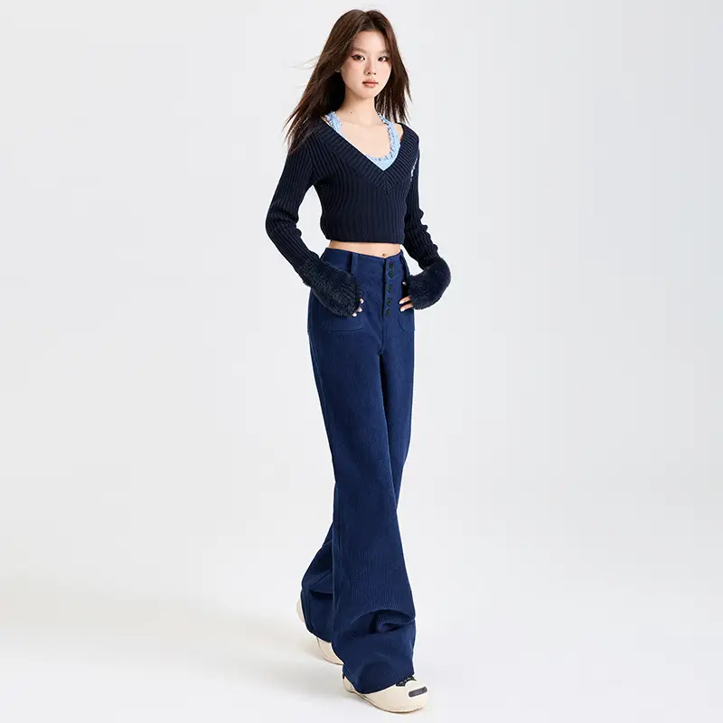 Young Orange# Retro Dark Blue Corduroy Micro-La Casual Pants Women's High Waist Slim-fit High-grade All-match Pants
