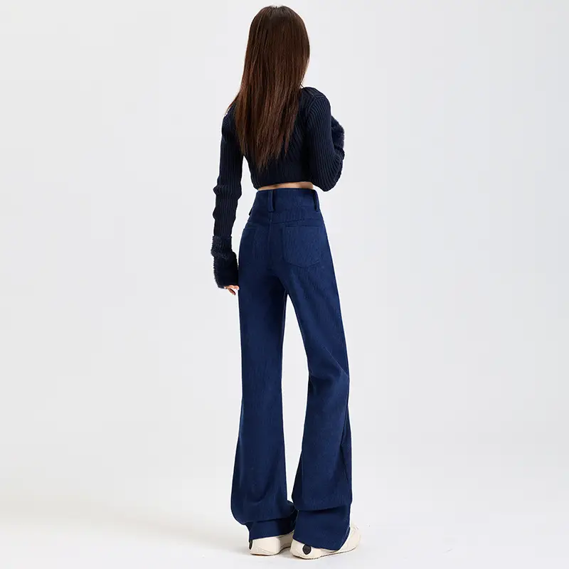 Young Orange# Retro Dark Blue Corduroy Micro-La Casual Pants Women's High Waist Slim-fit High-grade All-match Pants