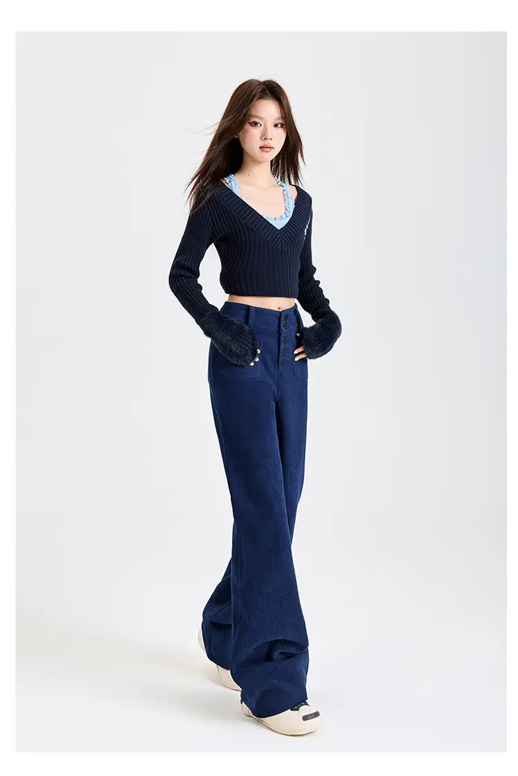 Young Orange# Retro Dark Blue Corduroy Micro-La Casual Pants Women's High Waist Slim-fit High-grade All-match Pants — feature 10