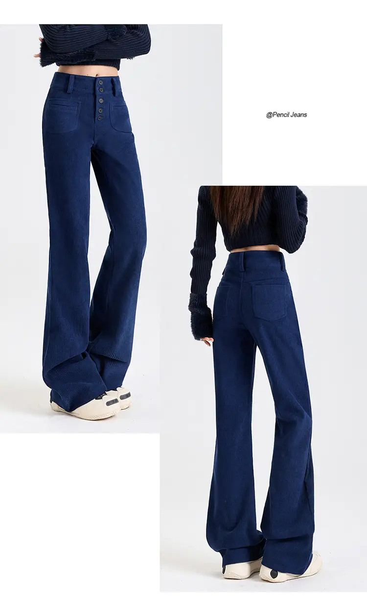 Young Orange# Retro Dark Blue Corduroy Micro-La Casual Pants Women's High Waist Slim-fit High-grade All-match Pants — feature 11