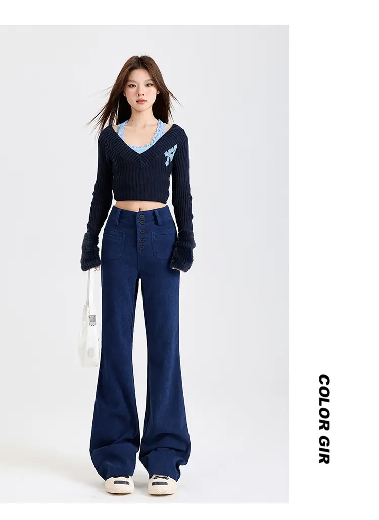 Young Orange# Retro Dark Blue Corduroy Micro-La Casual Pants Women's High Waist Slim-fit High-grade All-match Pants — feature 12
