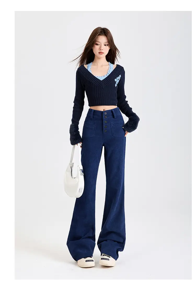 Young Orange# Retro Dark Blue Corduroy Micro-La Casual Pants Women's High Waist Slim-fit High-grade All-match Pants — feature 13
