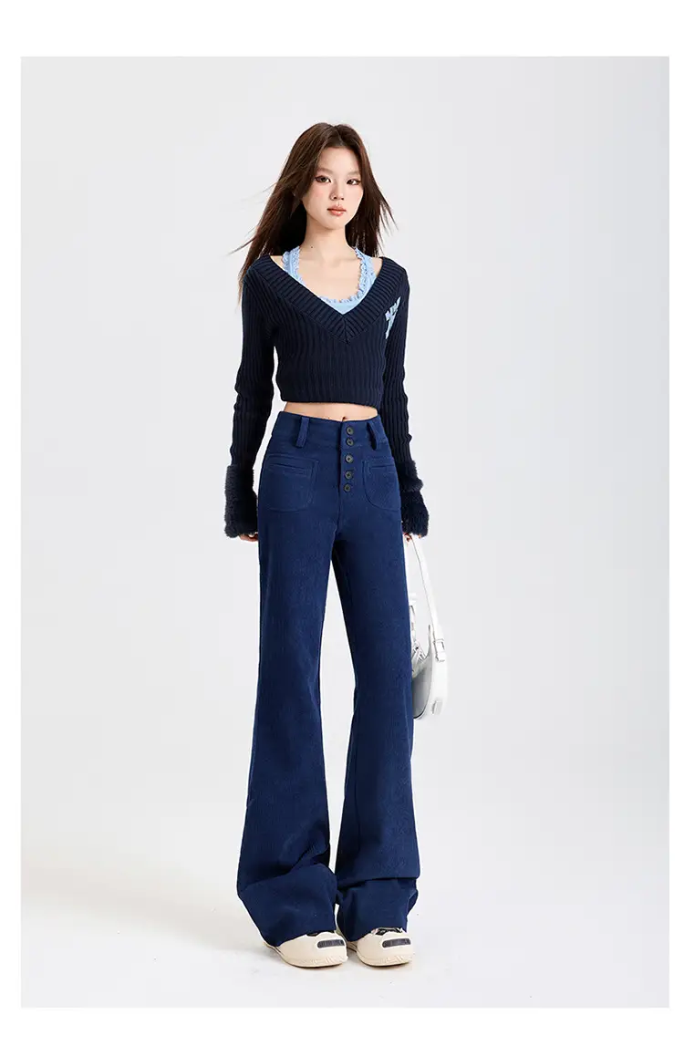 Young Orange# Retro Dark Blue Corduroy Micro-La Casual Pants Women's High Waist Slim-fit High-grade All-match Pants — feature 14