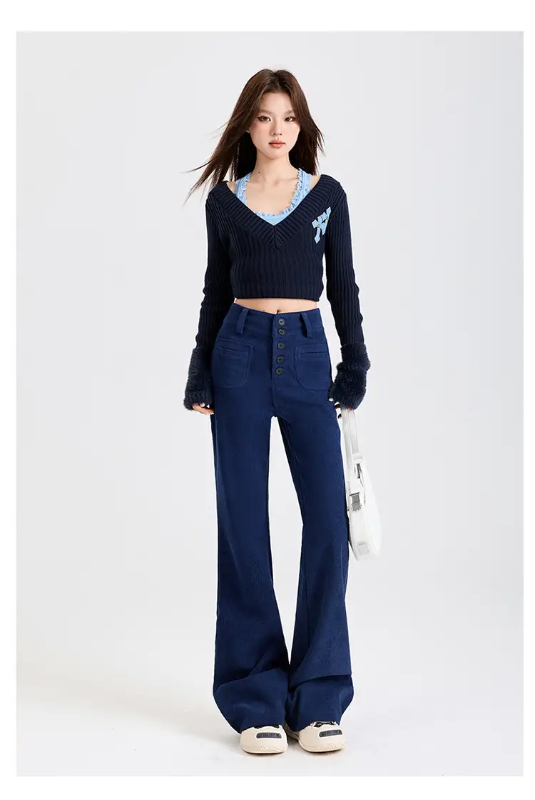Young Orange# Retro Dark Blue Corduroy Micro-La Casual Pants Women's High Waist Slim-fit High-grade All-match Pants — feature 15