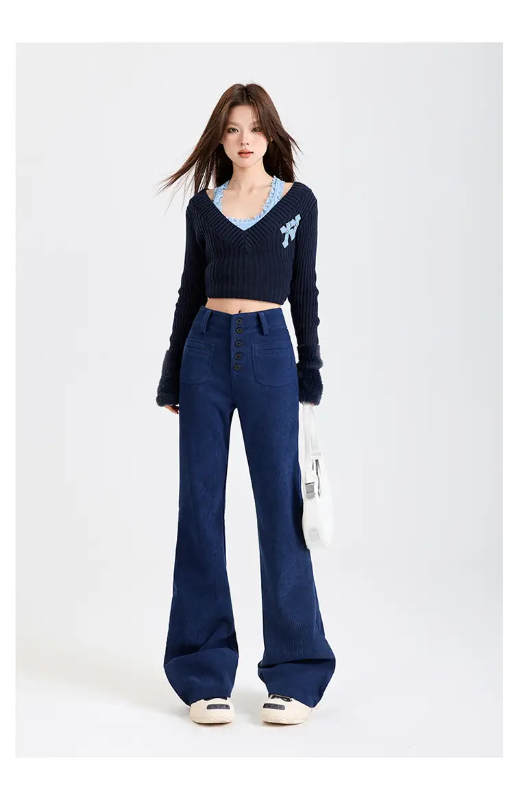 Young Orange# Retro Dark Blue Corduroy Micro-La Casual Pants Women's High Waist Slim-fit High-grade All-match Pants — feature 16