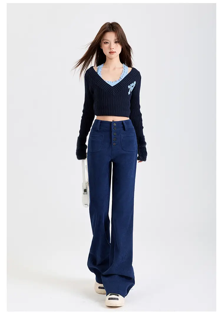 Young Orange# Retro Dark Blue Corduroy Micro-La Casual Pants Women's High Waist Slim-fit High-grade All-match Pants — feature 17