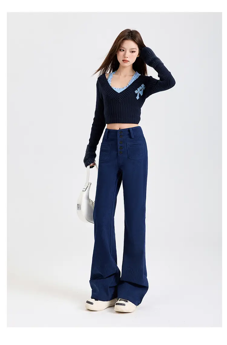 Young Orange# Retro Dark Blue Corduroy Micro-La Casual Pants Women's High Waist Slim-fit High-grade All-match Pants — feature 18