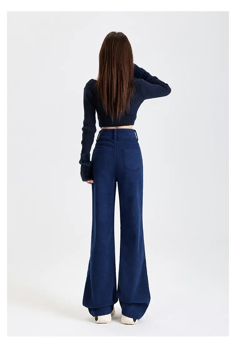 Young Orange# Retro Dark Blue Corduroy Micro-La Casual Pants Women's High Waist Slim-fit High-grade All-match Pants — feature 19