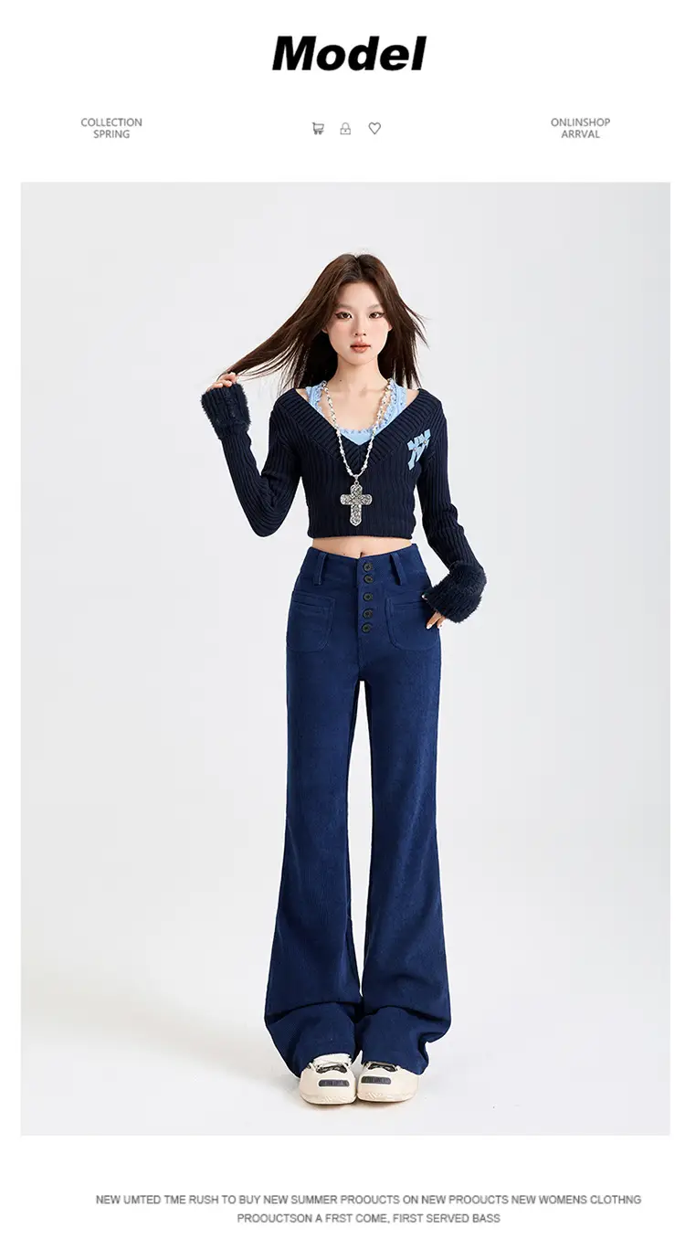 Young Orange# Retro Dark Blue Corduroy Micro-La Casual Pants Women's High Waist Slim-fit High-grade All-match Pants — feature 9