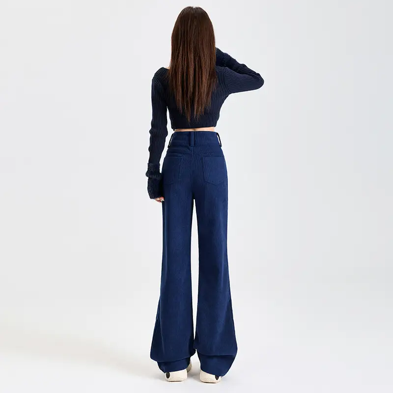 Young Orange# Retro Dark Blue Corduroy Micro-La Casual Pants Women's High Waist Slim-fit High-grade All-match Pants