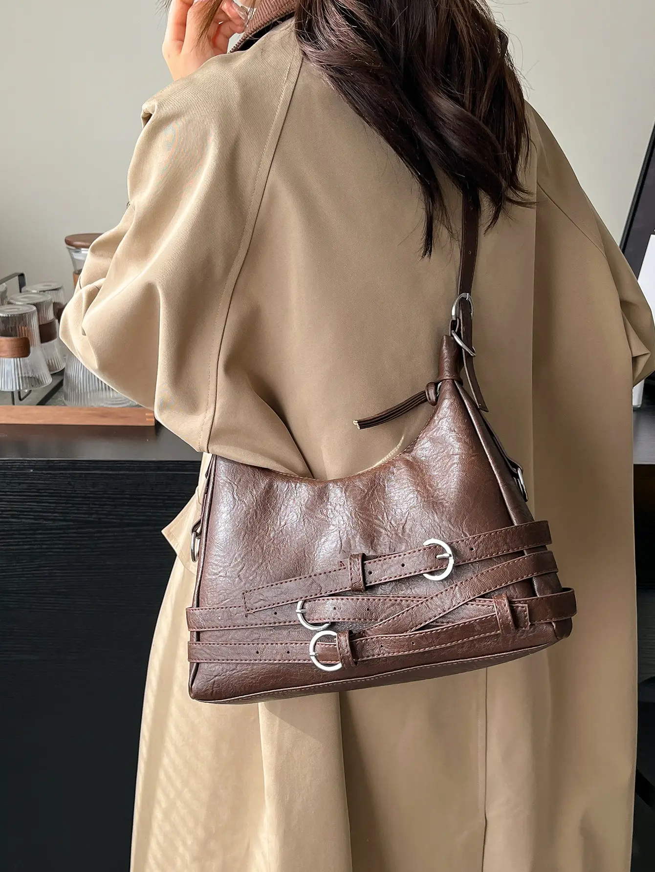 Women's Brown Leather Commuter Tote Bag with Long Strap - Image 6