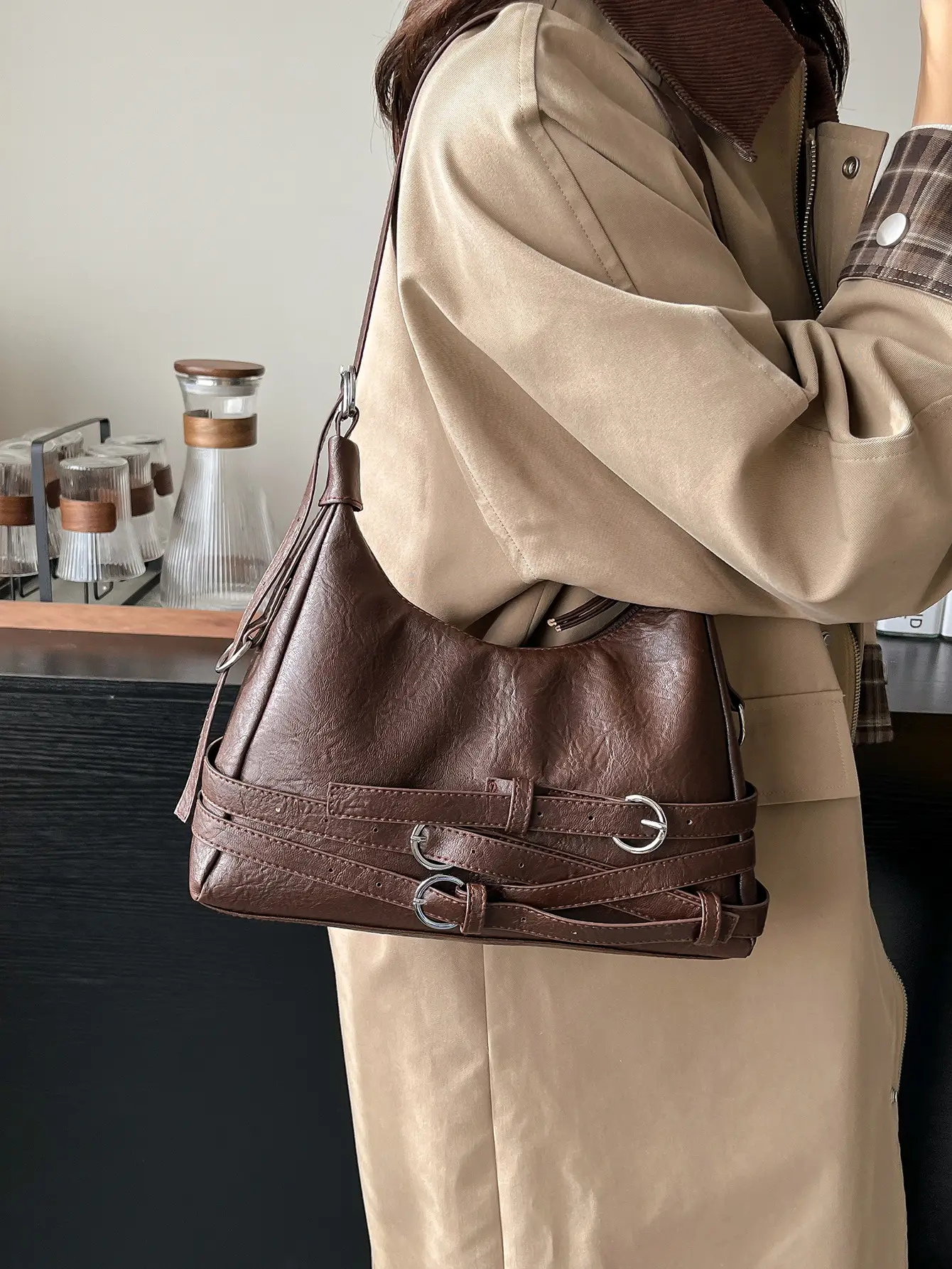 Women's Brown Leather Commuter Tote Bag with Long Strap - Image 7