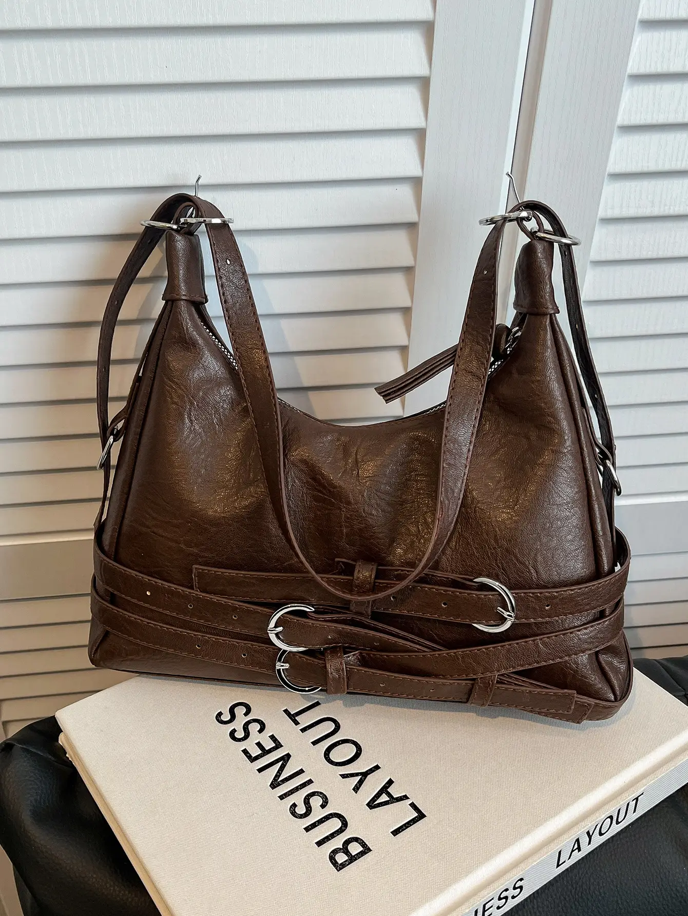 Women's Brown Leather Commuter Tote Bag with Long Strap - Image 8