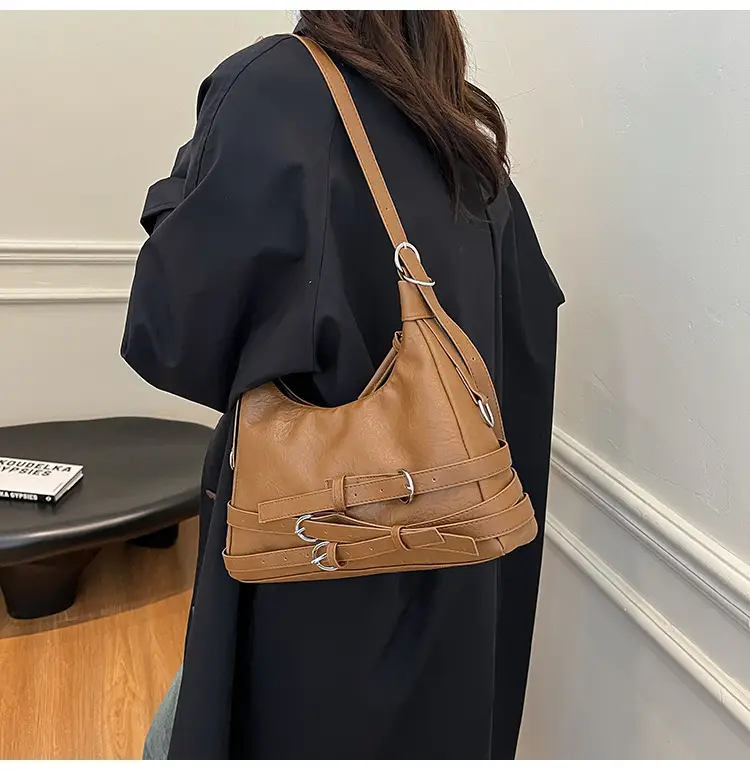 Women's Brown Leather Commuter Tote Bag with Long Strap — feature 10