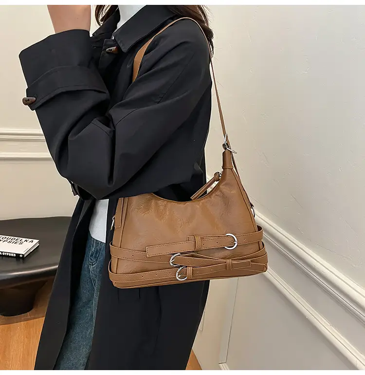 Women's Brown Leather Commuter Tote Bag with Long Strap — feature 11