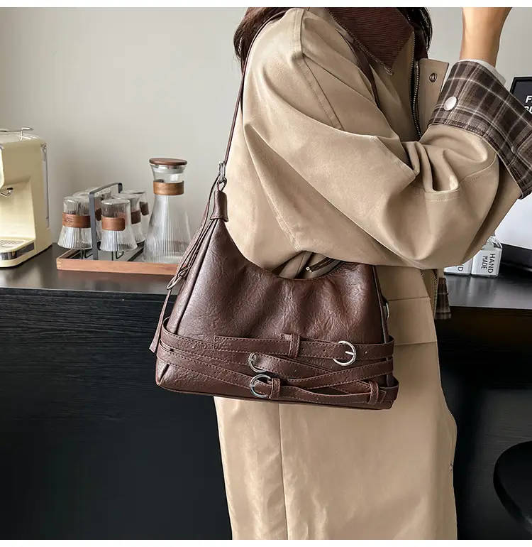 Women's Brown Leather Commuter Tote Bag with Long Strap — feature 7