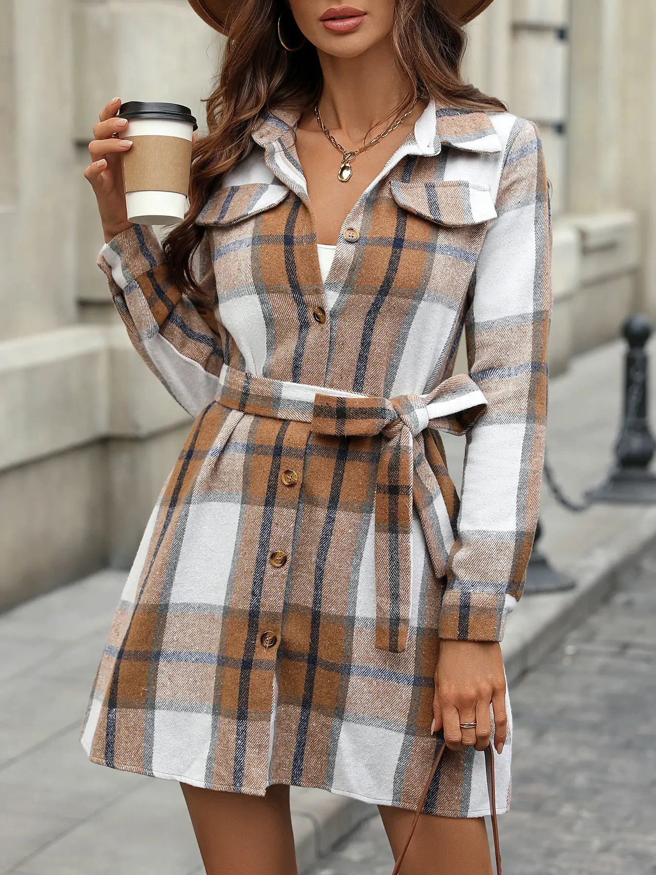 Plaid Belted A-Line Skirt Dress for Women — feature 15