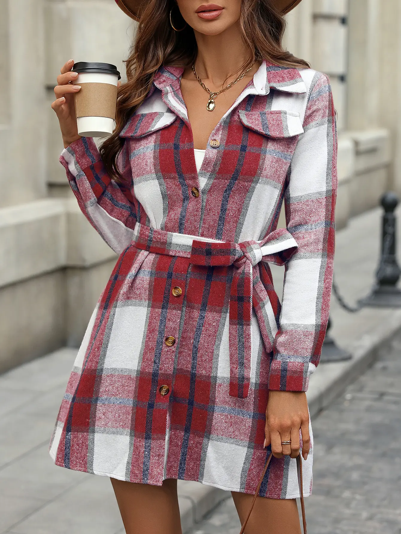 Plaid Belted A-Line Skirt Dress for Women — feature 29