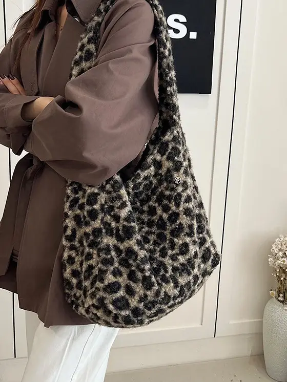 Leopard Print Wool Shoulder Bag Women Large Capacity - Image 4
