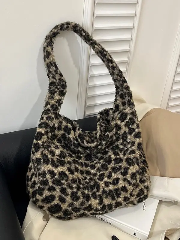 Leopard Print Wool Shoulder Bag Women Large Capacity - Image 5