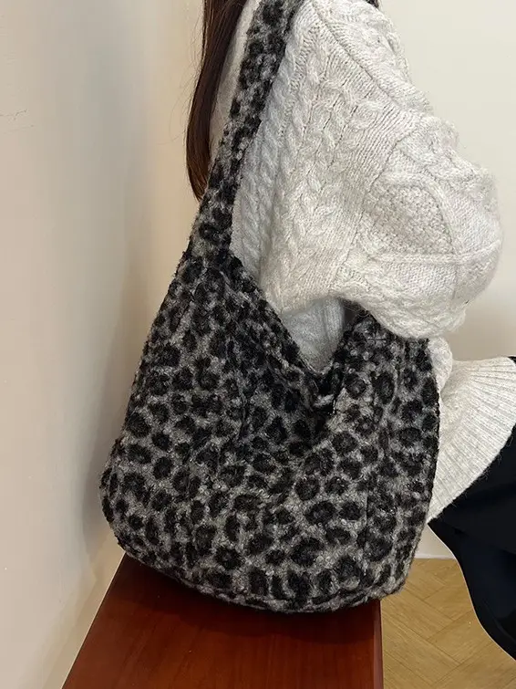 Leopard Print Wool Shoulder Bag Women Large Capacity - Image 6