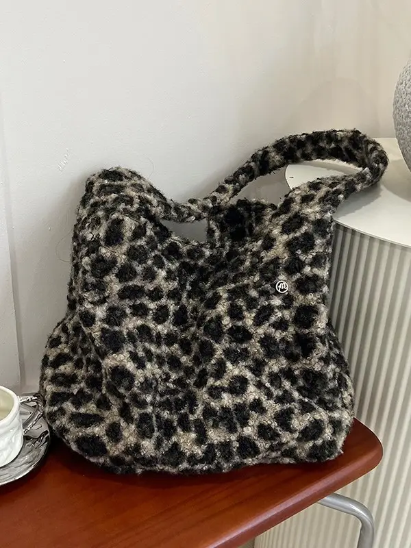 Leopard Print Wool Shoulder Bag Women Large Capacity - Image 7