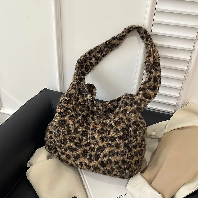 Leopard Print Wool Shoulder Bag Women Large Capacity - Image 2