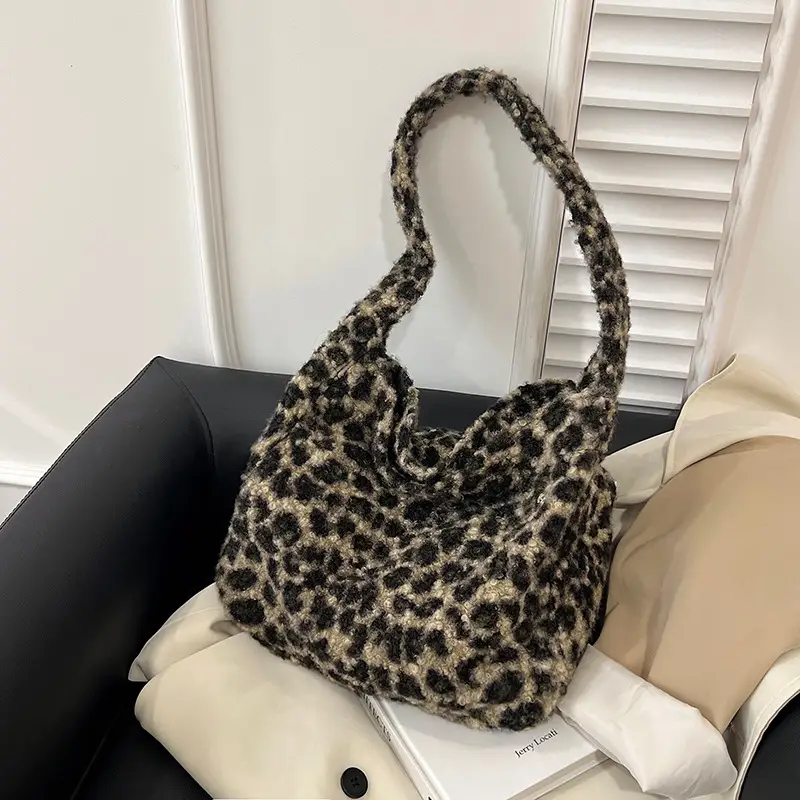 Leopard Print Wool Shoulder Bag Women Large Capacity - Image 3