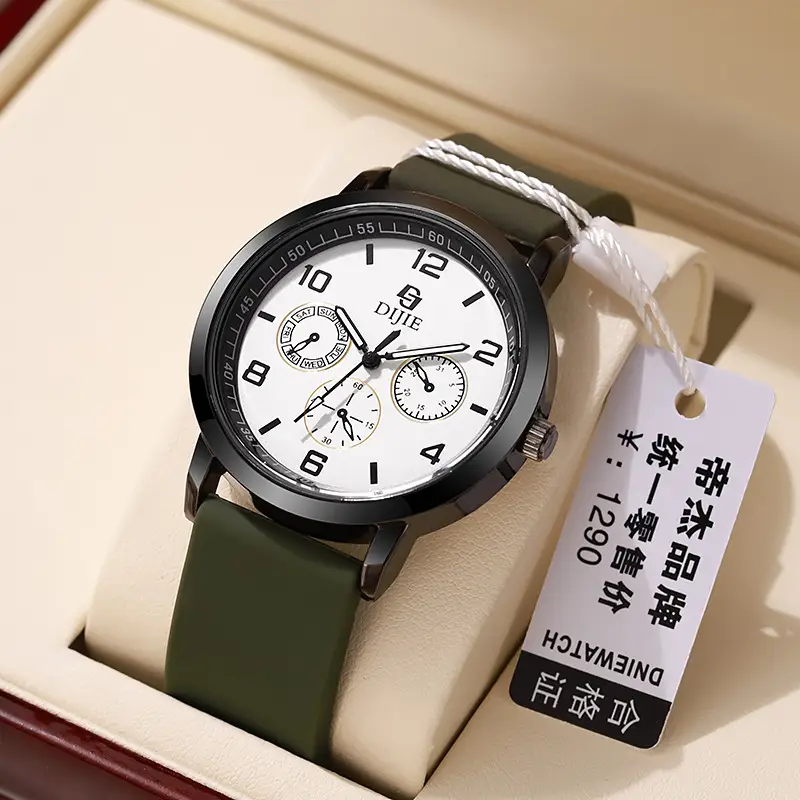 Men's Black Dial Quartz Watch with Green Silicone Band - Image 5