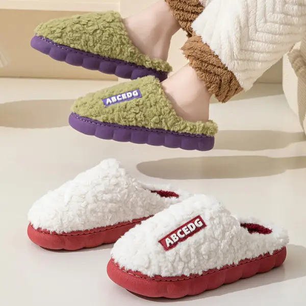 Letter Style Plush Cotton Slippers for Men and Women in Winter, Warm and Non-Slip, Home Soft Bottom, Silent and Thickeneded, Comfortable Cotton Slippers for Couples