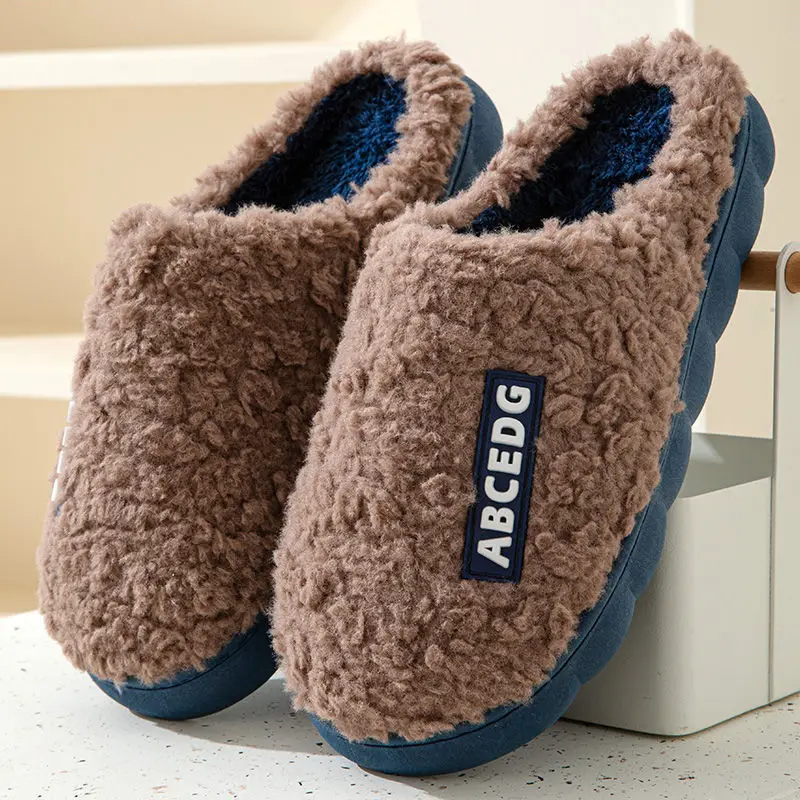 Letter Style Plush Cotton Slippers for Men and Women in Winter, Warm and Non-Slip, Home Soft Bottom, Silent and Thickeneded, Comfortable Cotton Slippers for Couples