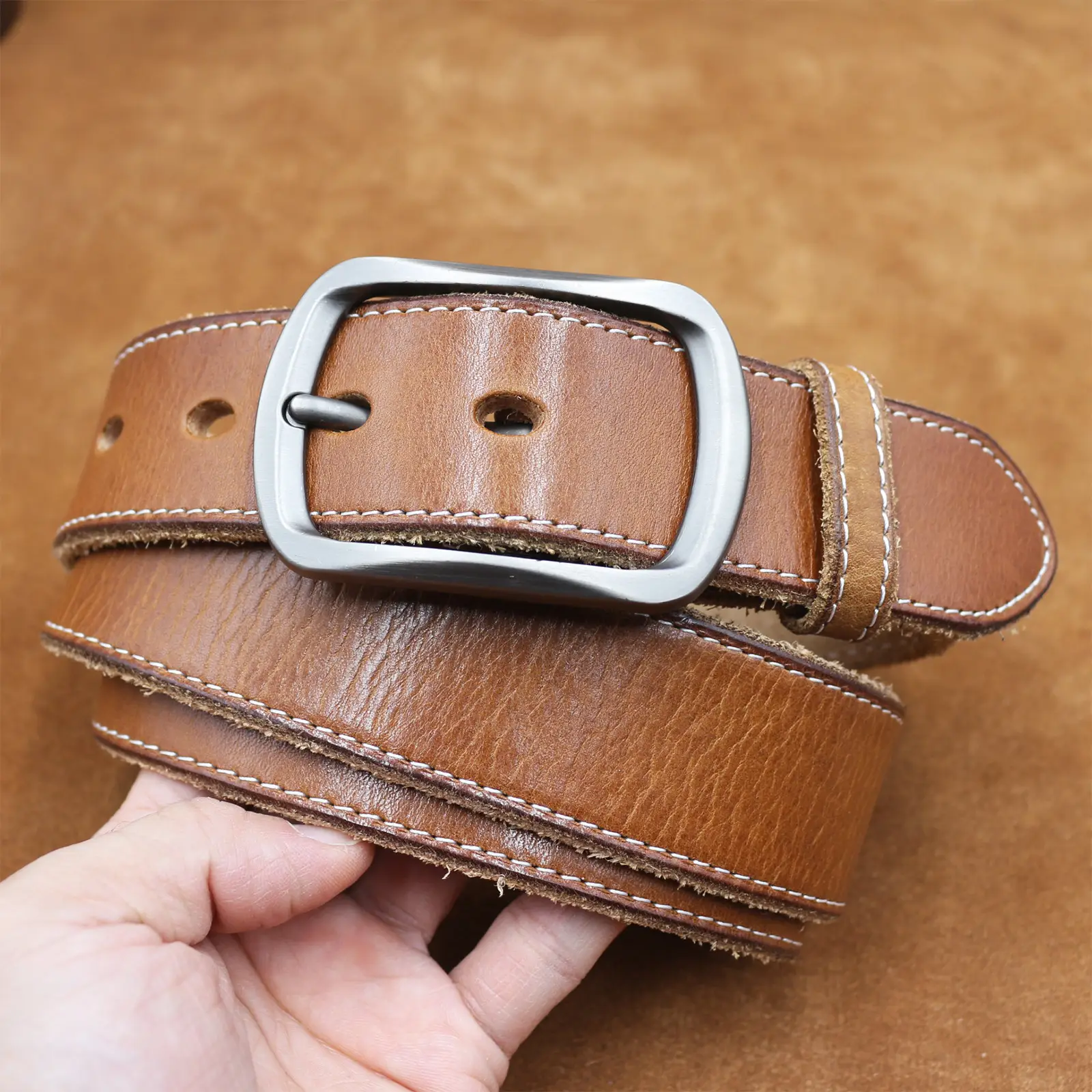 Men's Brown Leather Belt with Silver Buckle - Image 8