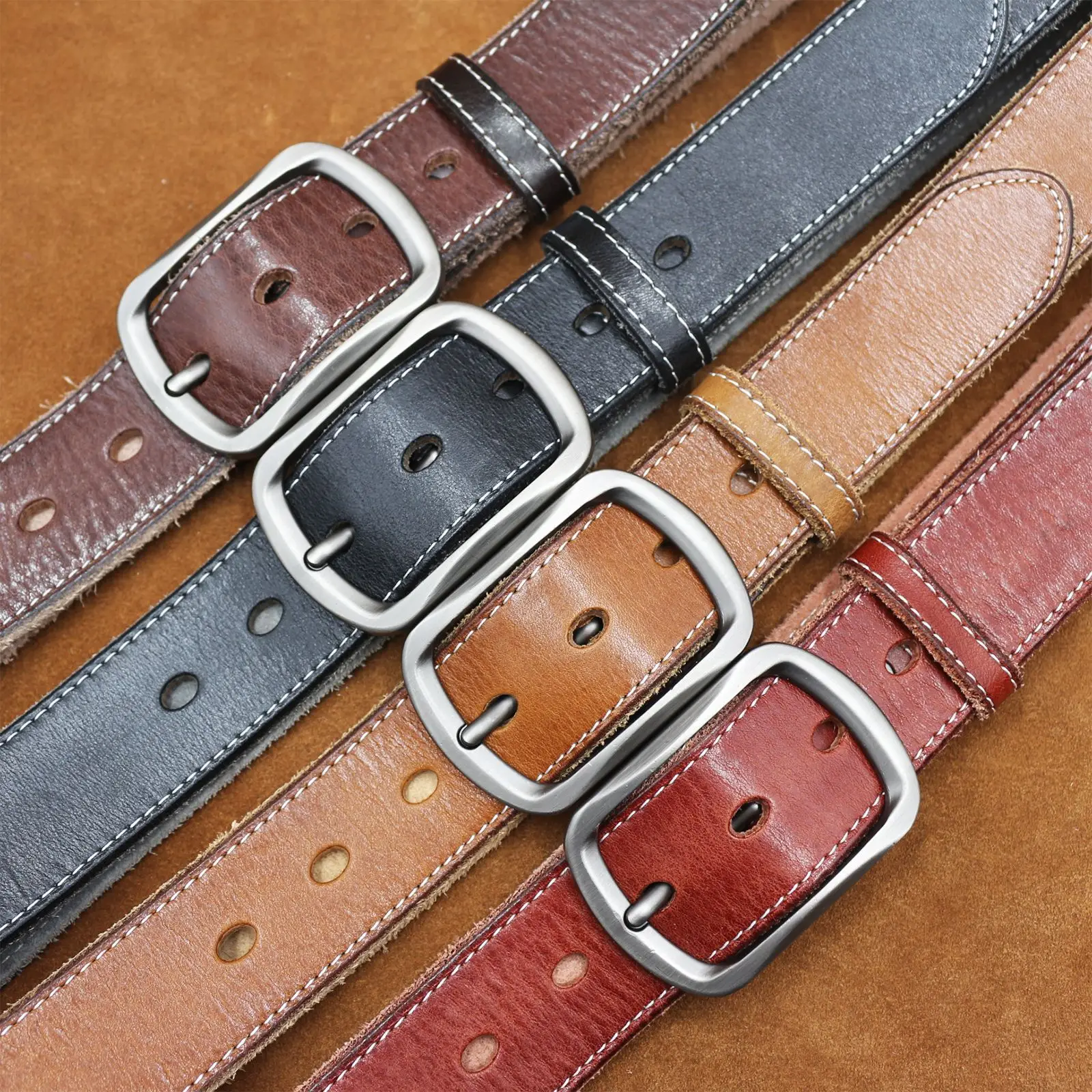 Men's Brown Leather Belt with Silver Buckle — feature 1