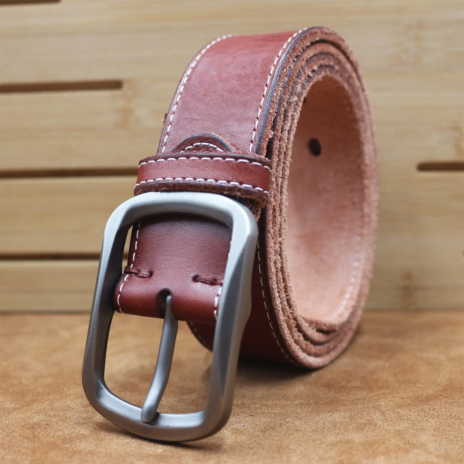 Men's Brown Leather Belt with Silver Buckle — feature 10