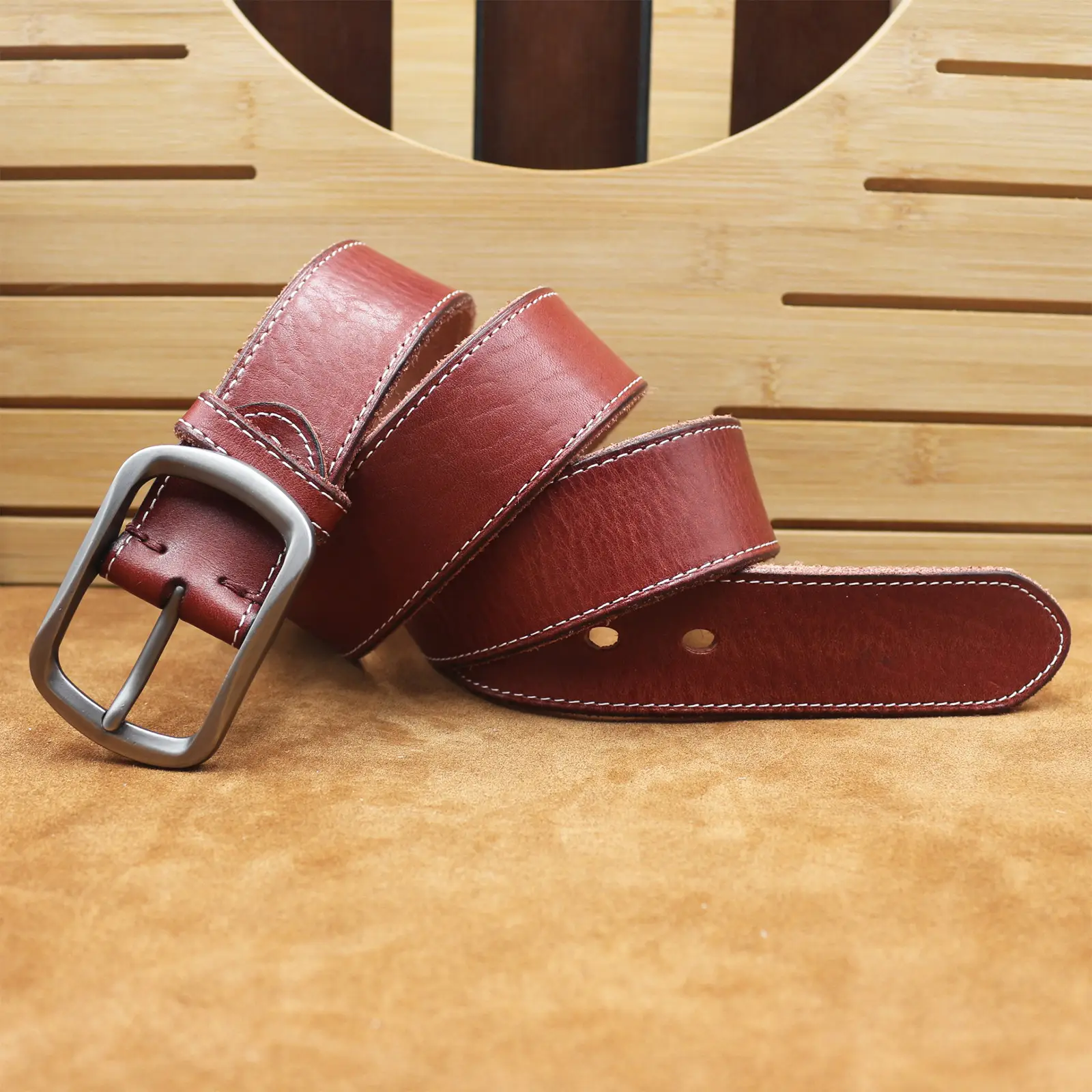 Men's Brown Leather Belt with Silver Buckle — feature 11