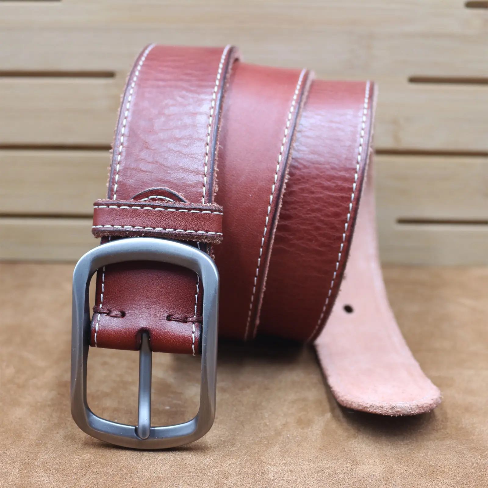 Men's Brown Leather Belt with Silver Buckle — feature 12