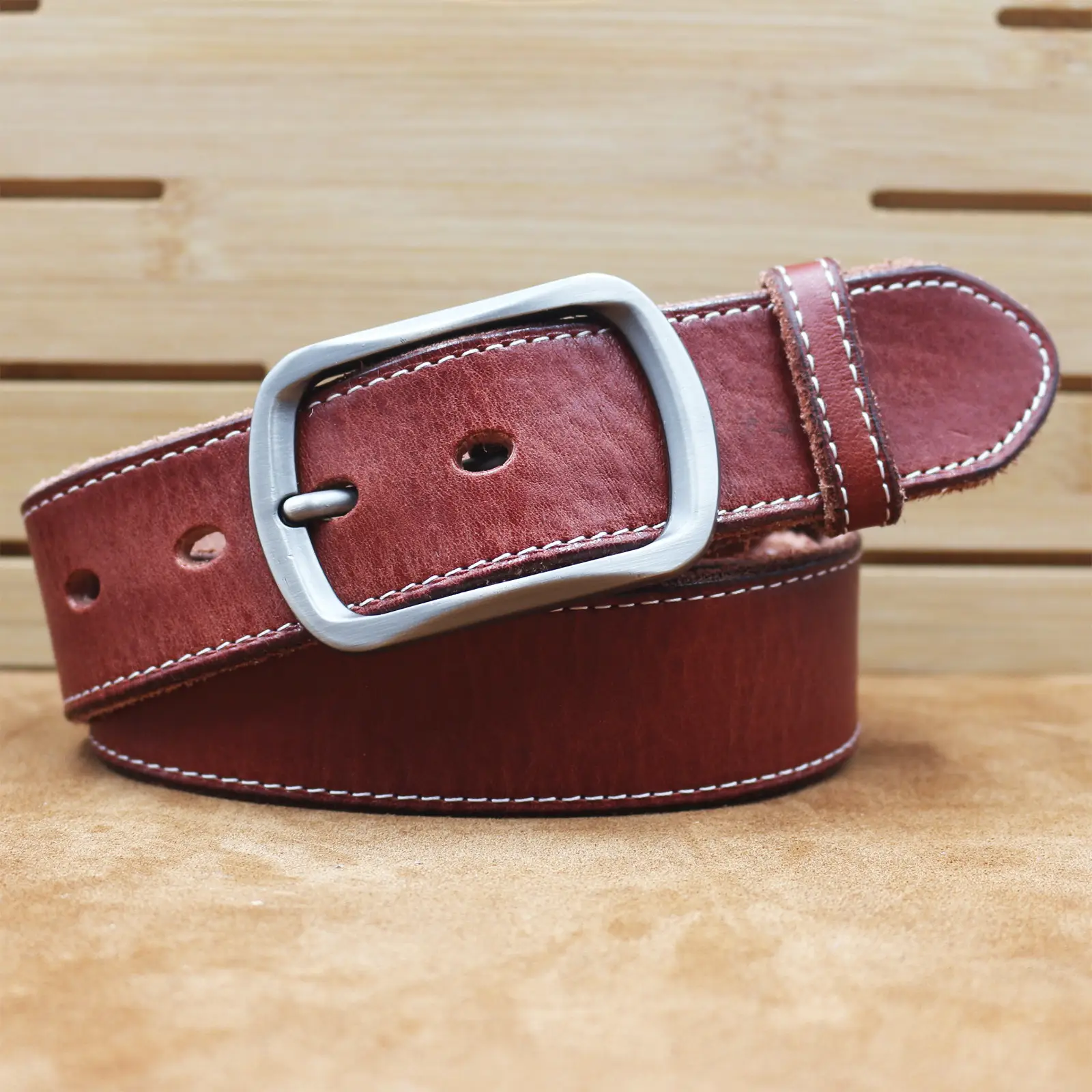 Men's Brown Leather Belt with Silver Buckle — feature 13