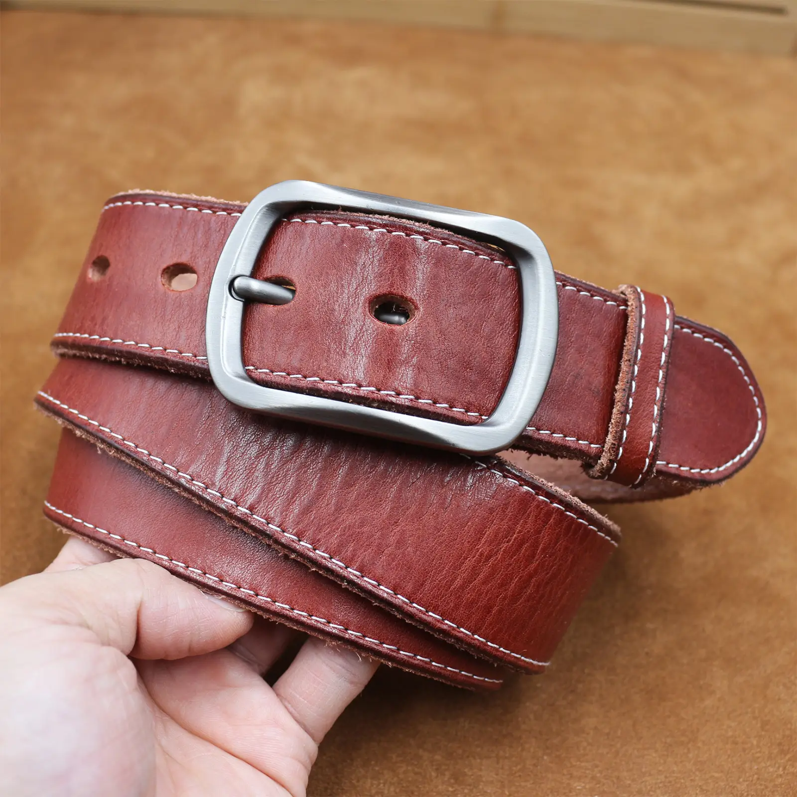 Men's Brown Leather Belt with Silver Buckle — feature 14
