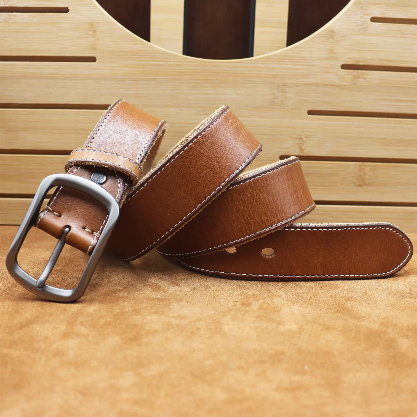 Men's Brown Leather Belt with Silver Buckle — feature 17
