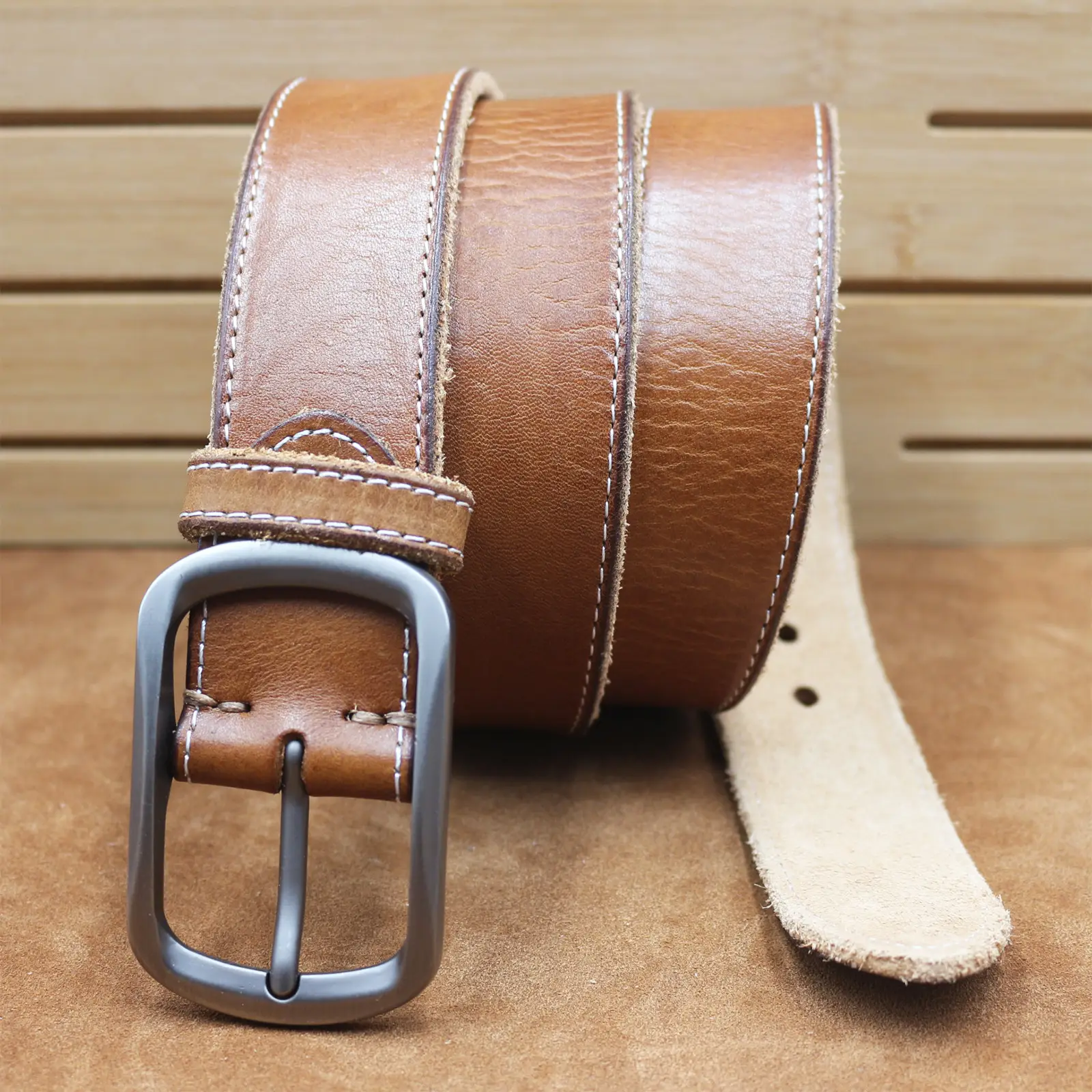 Men's Brown Leather Belt with Silver Buckle — feature 18