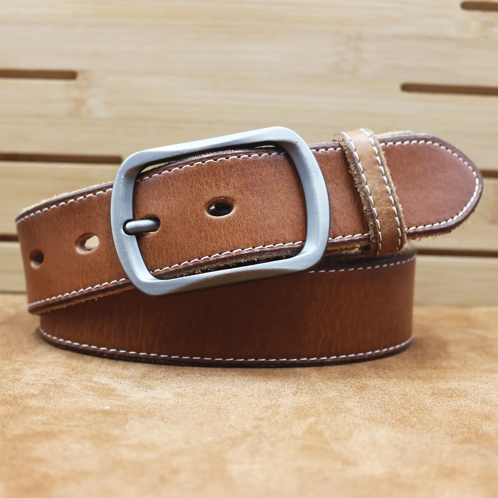 Men's Brown Leather Belt with Silver Buckle — feature 19