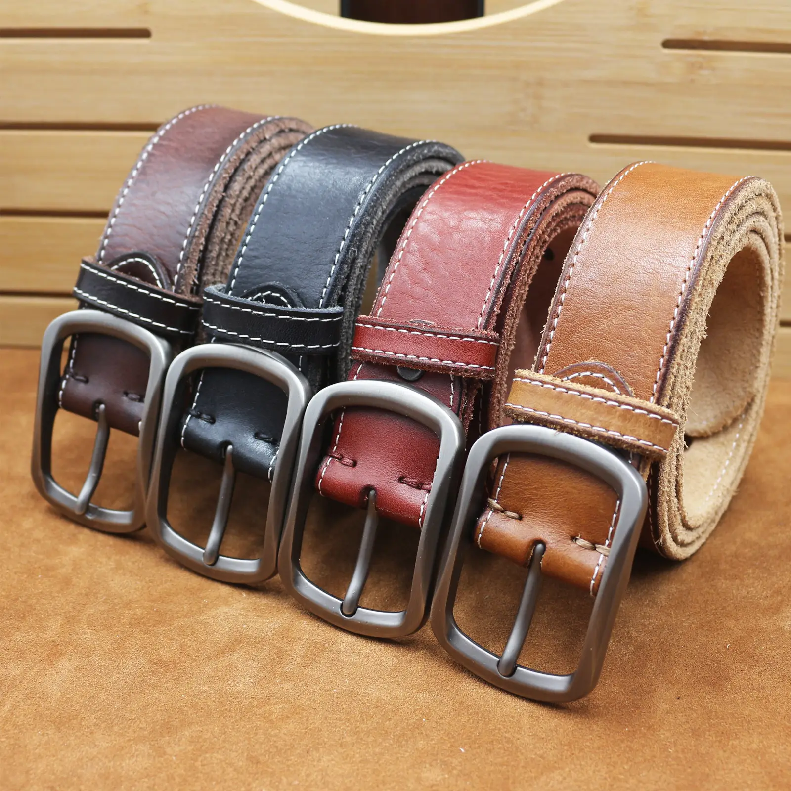 Men's Brown Leather Belt with Silver Buckle — feature 2