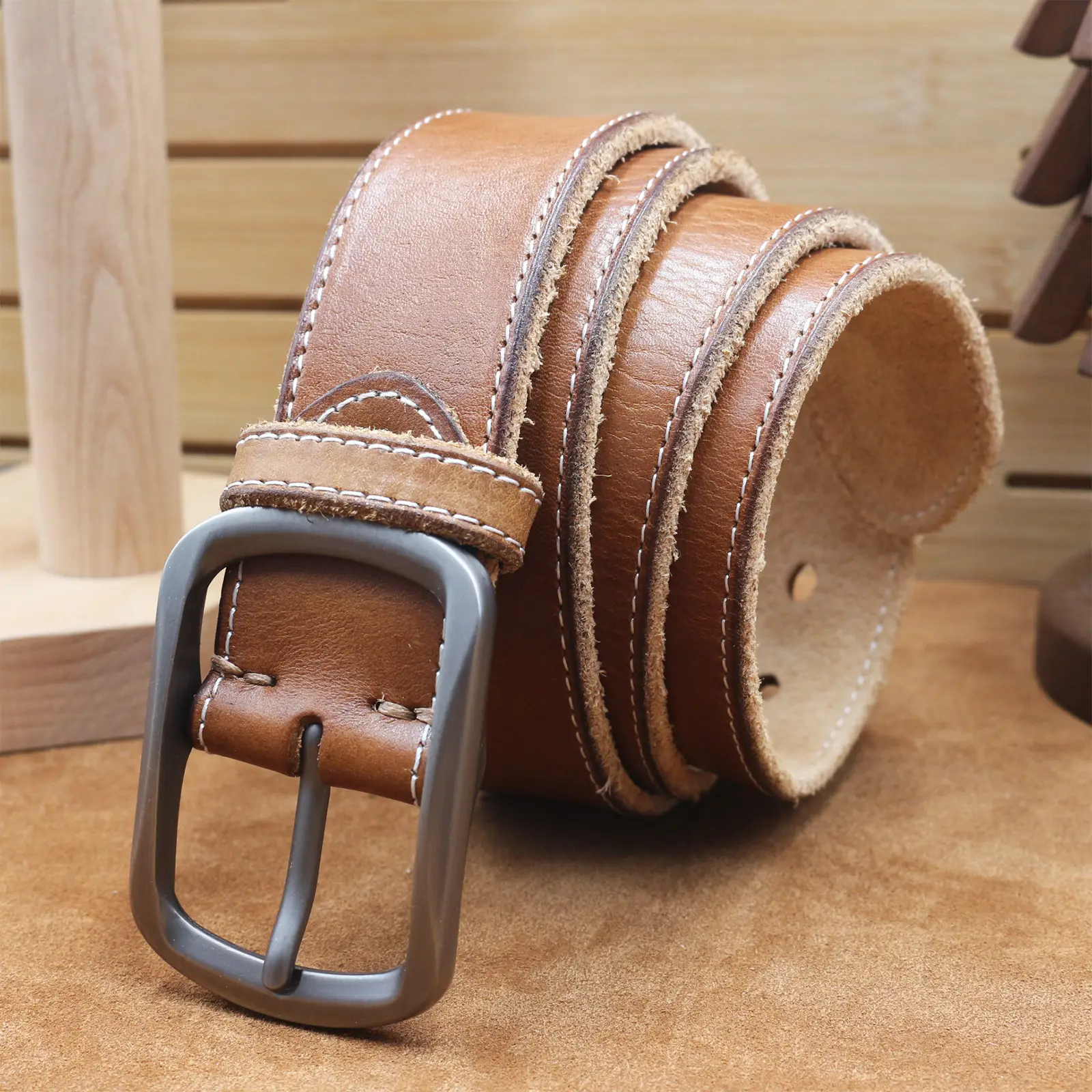 Men's Brown Leather Belt with Silver Buckle — feature 21