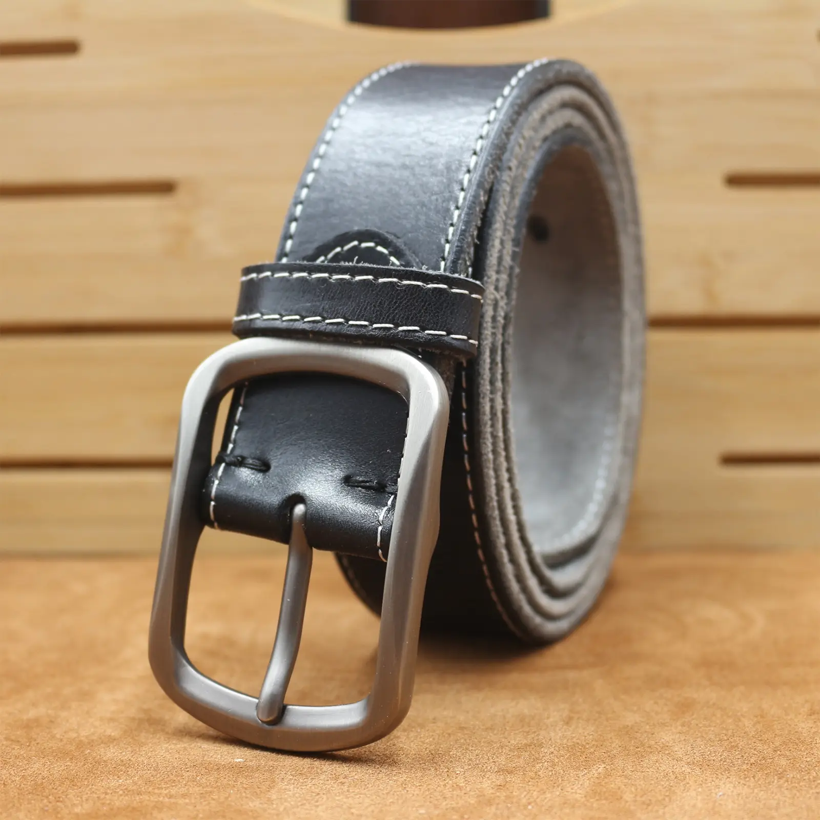 Men's Brown Leather Belt with Silver Buckle — feature 22