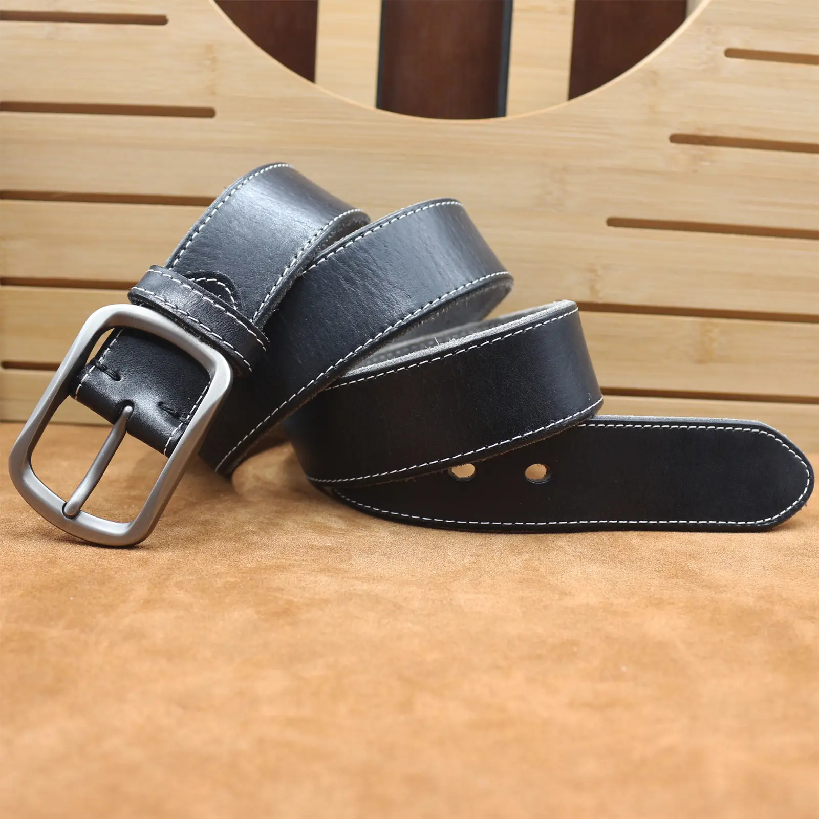 Men's Brown Leather Belt with Silver Buckle — feature 23