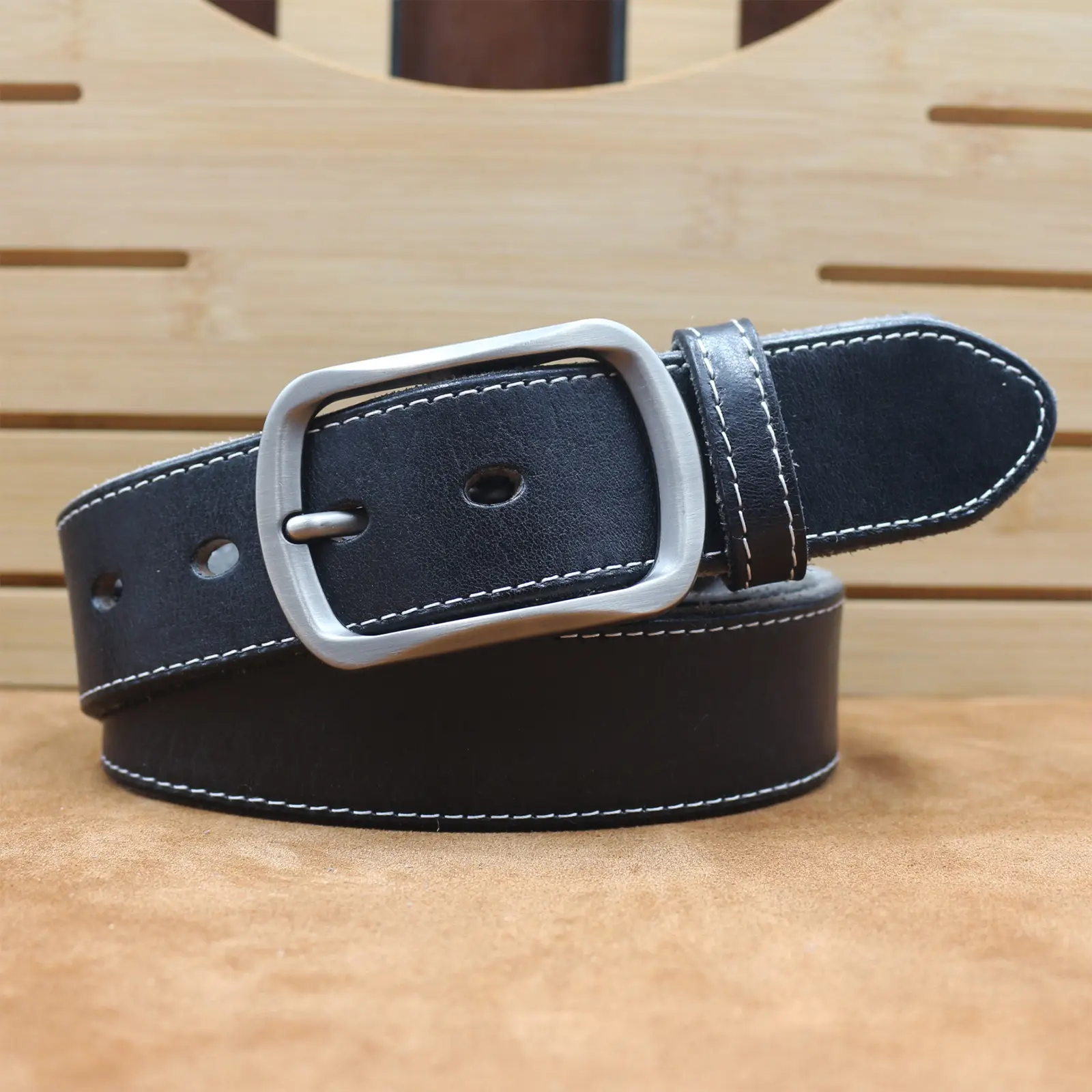 Men's Brown Leather Belt with Silver Buckle — feature 25