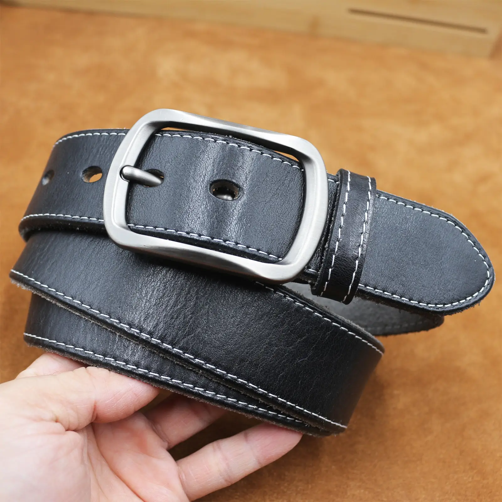 Men's Brown Leather Belt with Silver Buckle — feature 26