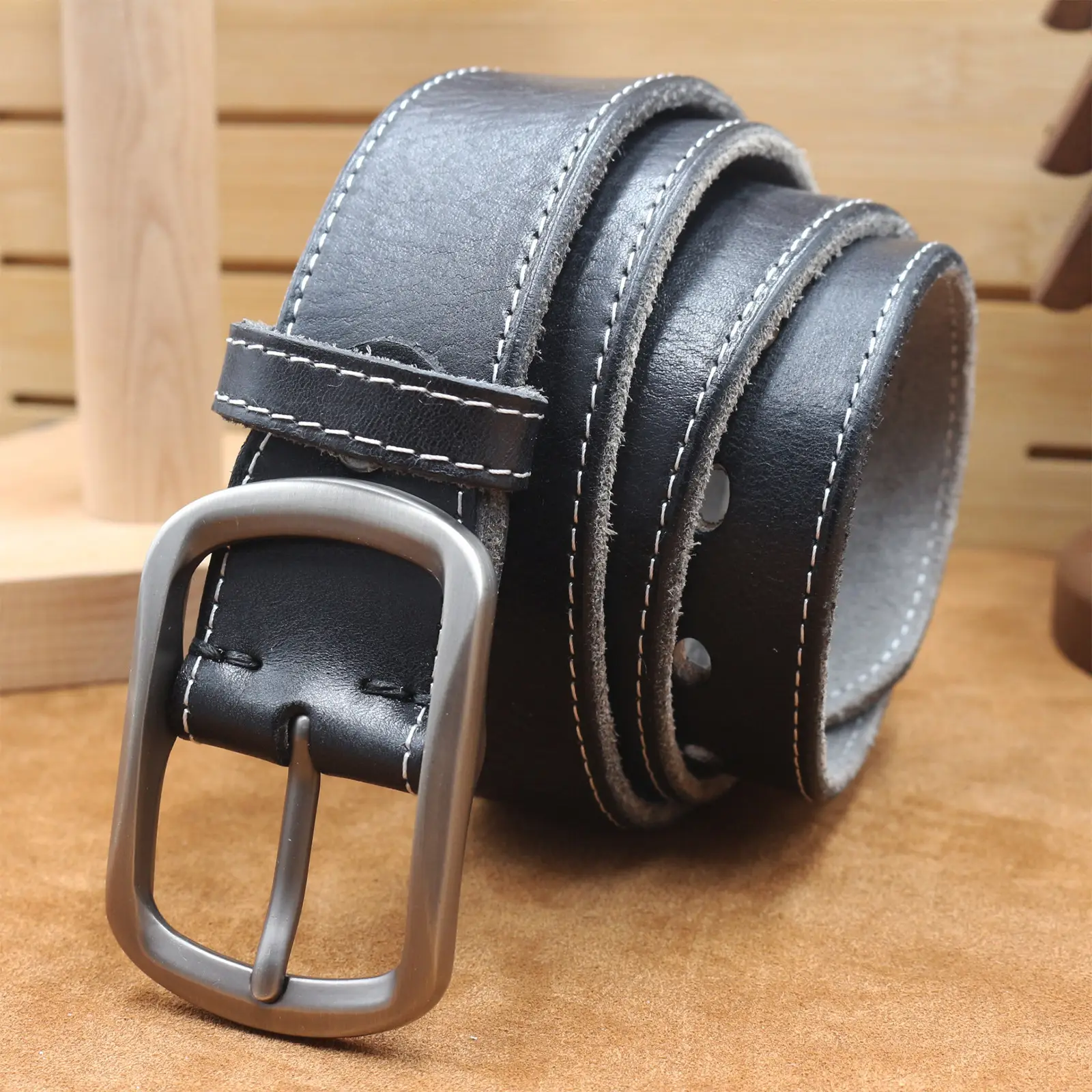 Men's Brown Leather Belt with Silver Buckle — feature 27